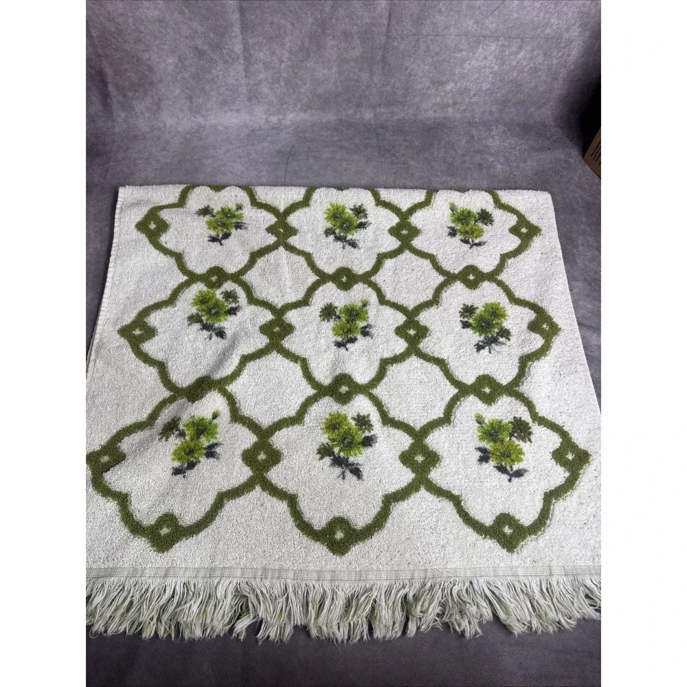 Fashion Manor  Green & White Vintage Floral Fringe‎ Towel Set Cotton Retro